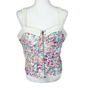 I Heart Ronson Tank Top Women 16 Cream Multicolor Floral Print Cropped Slim Fit